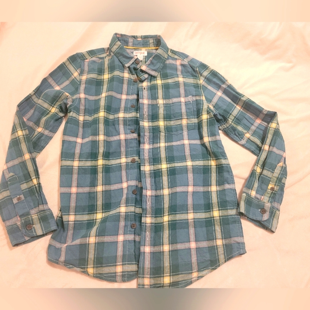 Cat & Jack Green Plaid Button Down Shirt, L, EUC.